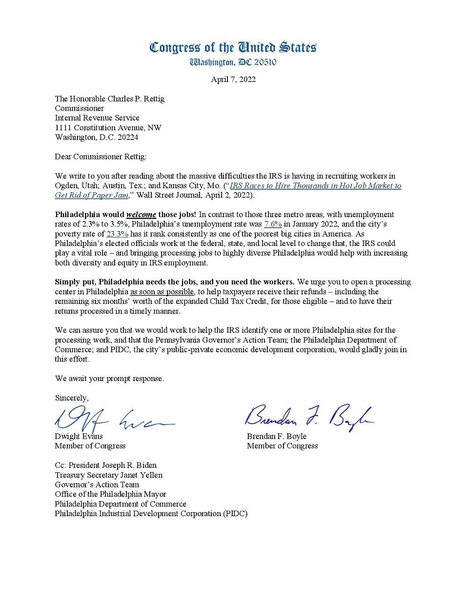 Letter to IRS about jobs