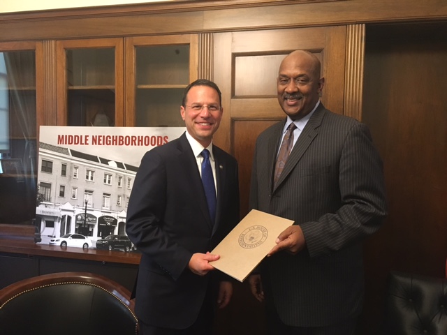 Congressman Evans handing Pennsylvania Attorney General Josh Shapiro letter outlining our Commonwealth’s need to use all resources possible to advocate for common sense gun reform.
